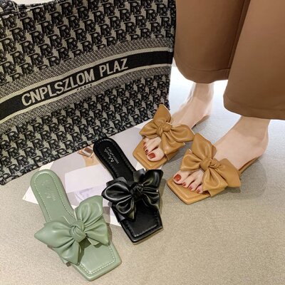 bow Flat bottom slipper 2020 Women's Shoes summer Korean Edition fashion soft sole one word sandals