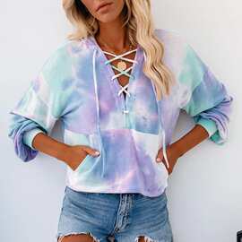 2020欧美秋冬新款独立站wish亚马逊扎染印花长袖连帽系带抽绳