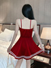 V-neck low chest suspender dress with open back and waistband stitching A-line large swing skirt with bottom skirt