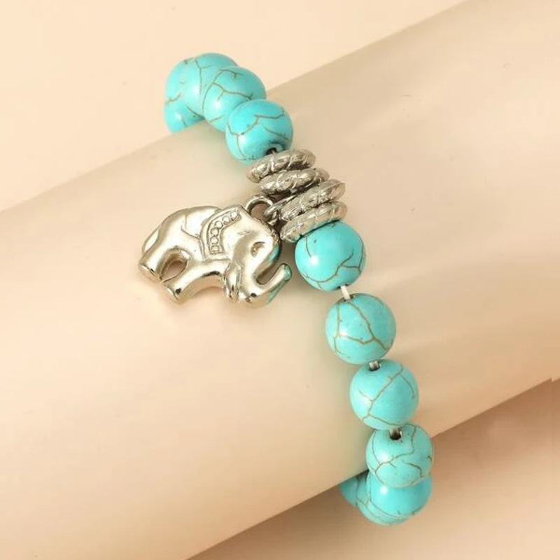 Bohemian Retro Elastic Turquoise Elephant Owl Pendant Bracelet display picture 1