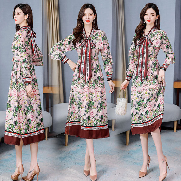 Spring 2020 fashion quality printed Korean medium length all-around dress