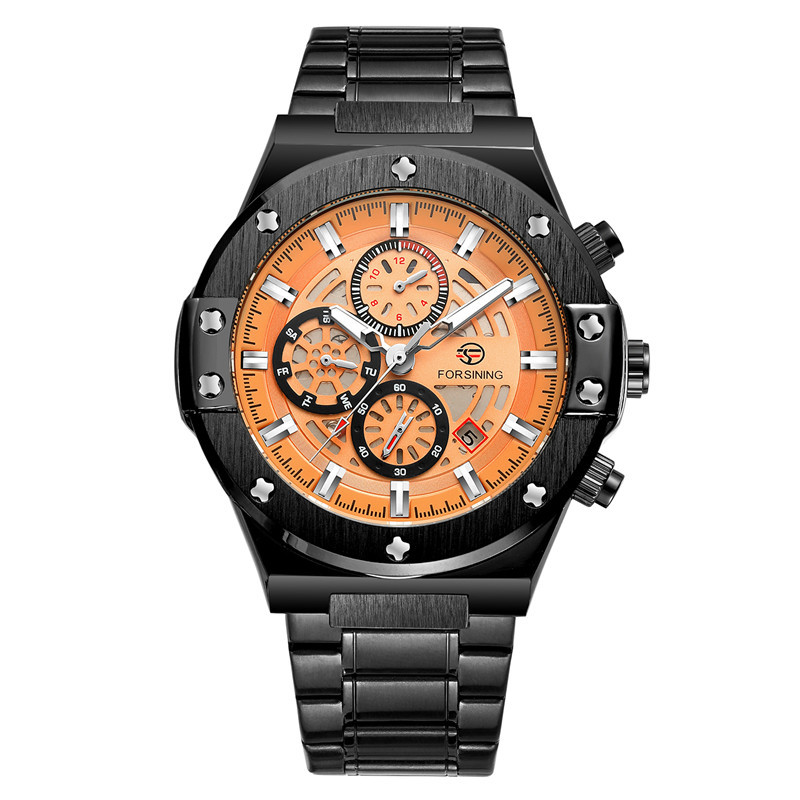 FORSINING Fusini 6914 correa de acero de moda para hombre reloj mecánico automático reloj impermeable luminoso de seis pines