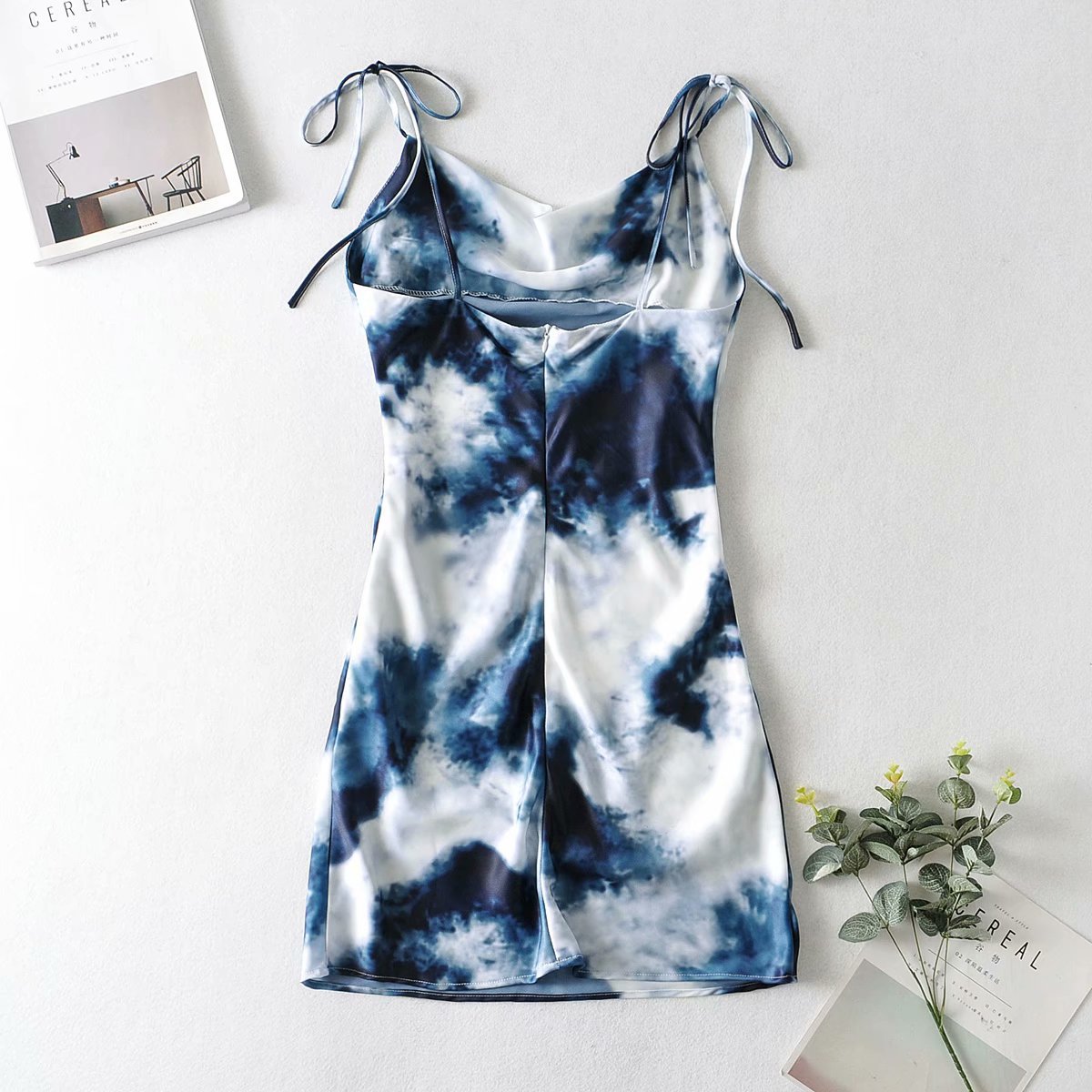  blue tie-dye suspender mini dress  NSAM5042