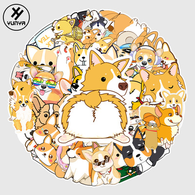 50张不重复卡通柯基涂鸦贴纸 行李箱自行车钢琴汽车防水装饰贴纸|ru