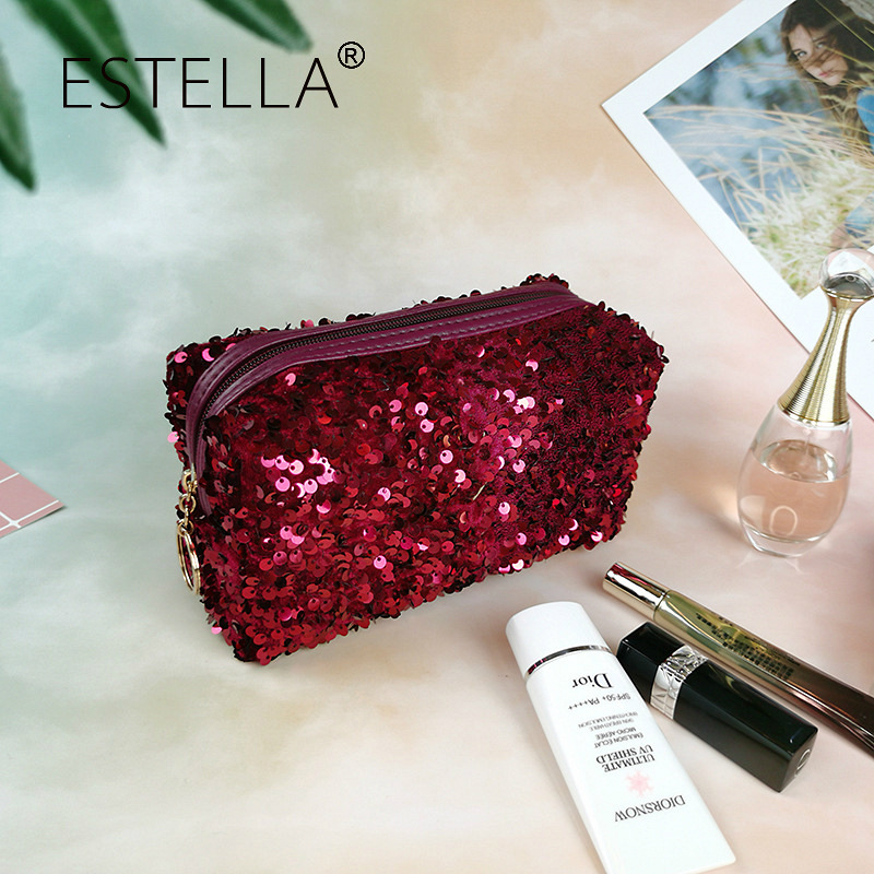 Bolsa de maquillaje de lentejuelas fabricada en fábrica para mujer, bolsa de almacenamiento de viaje INS, exquisita bolsa de aseo portátil de gran capacidad, estilo INS al por mayor