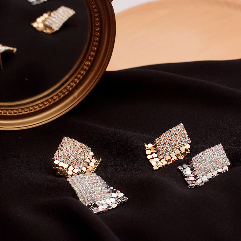 Women'S Gender Fashion Retro Geometric Full Diamond Square Copper Earrings For Women