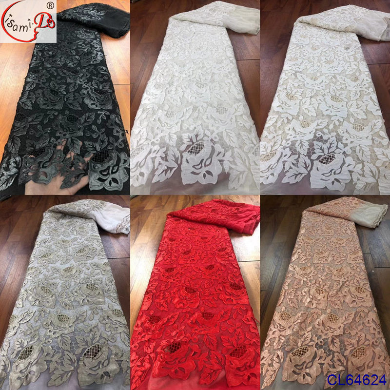 拖尾长裙婚纱演出服镂空绣花面料 贴布大花平绣透明网蕾丝CL64624