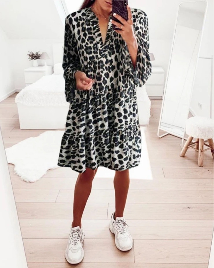 Rochie lungă boho cu imprimeu leopard pentru femei primăvară_voghion.com