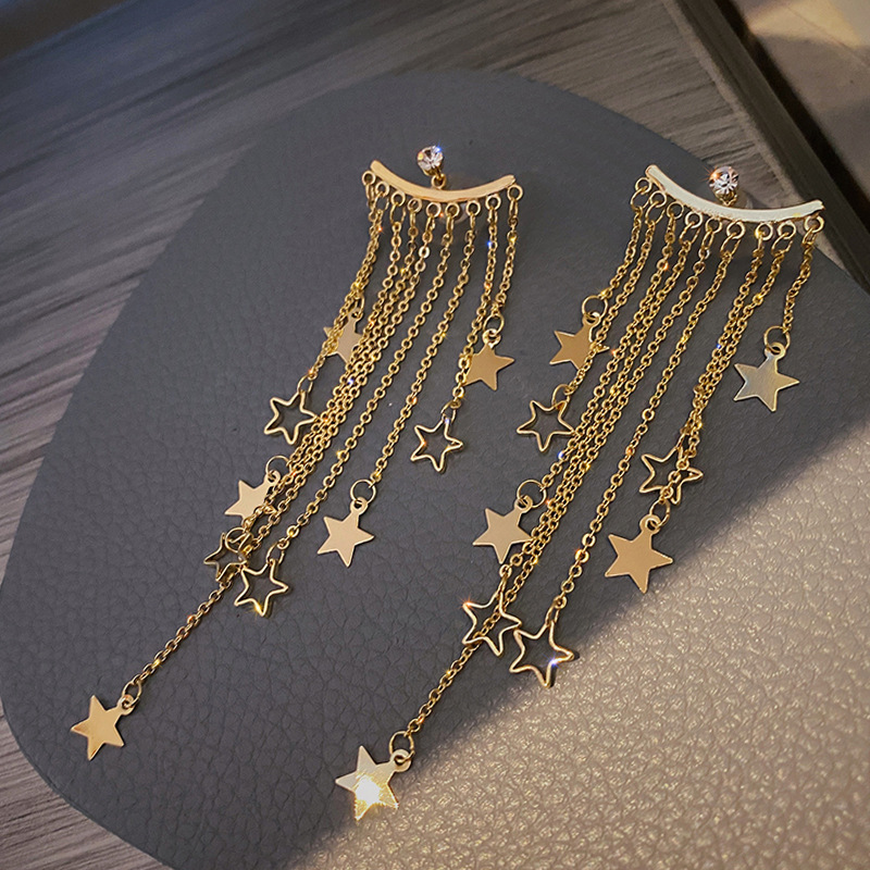 Light Luxury Elegant Exaggerated Long Star Tassel Earrings Korean Style Internet Celebrity Elegant Exaggerated Big Ear Studs Women's 925 Silver Needle