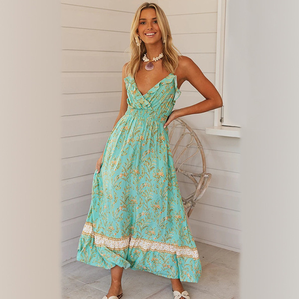 New Bohemian print Ruffle hem V-neck Halter Dress