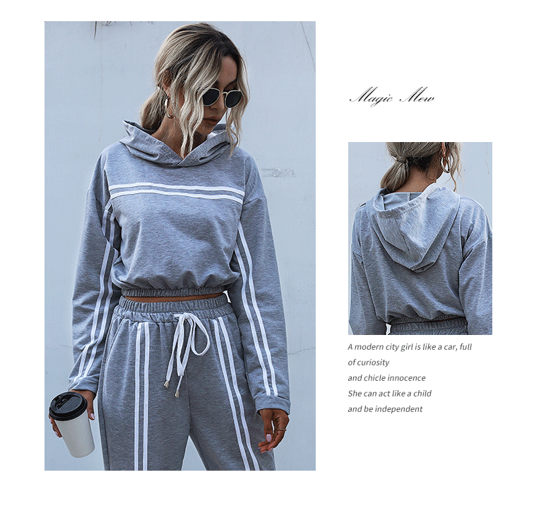 Ensemble à rayures à capuche pour femmes taille haute décontracté sport pull à capuche pantalon ensemble deux pièces_voghion.com
