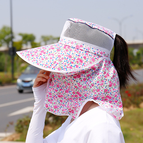 小碎花采茶帽透气夏季涤棉护颈防晒披肩遮阳女大檐户外防护帽骑行