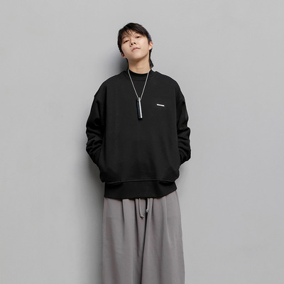 百一未至加厚卫衣小领口宽松落肩上衣秋冬季男毛圈小圆领厂家批发