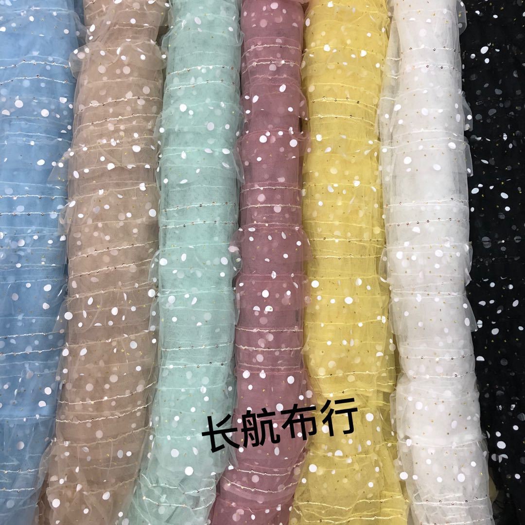 钩绣工艺 立体提花印金点胶圆点女装蛋糕裙网纱服装面料网孔