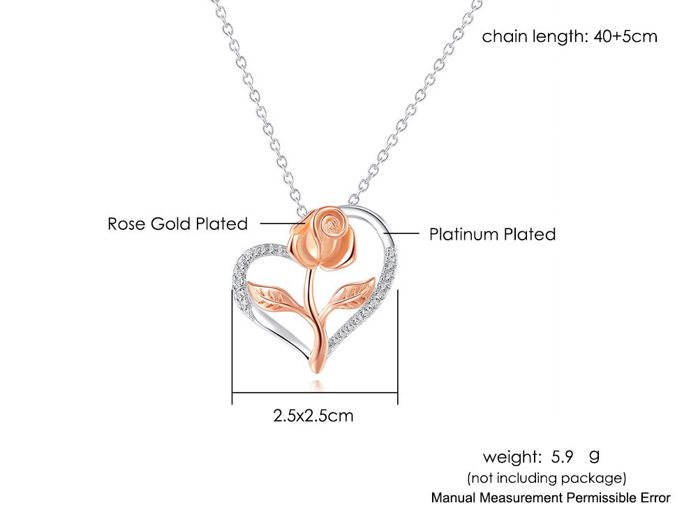 Fashion Heart Shape Rose Copper Inlay Zircon Pendant Necklace 1 Piece