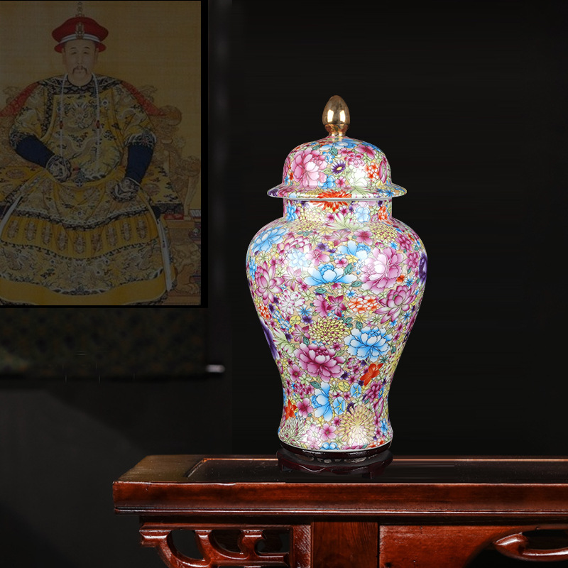 景德镇陶瓷花瓶粉彩万花瓷瓶中式家居客厅插花装饰品玄关书房摆件