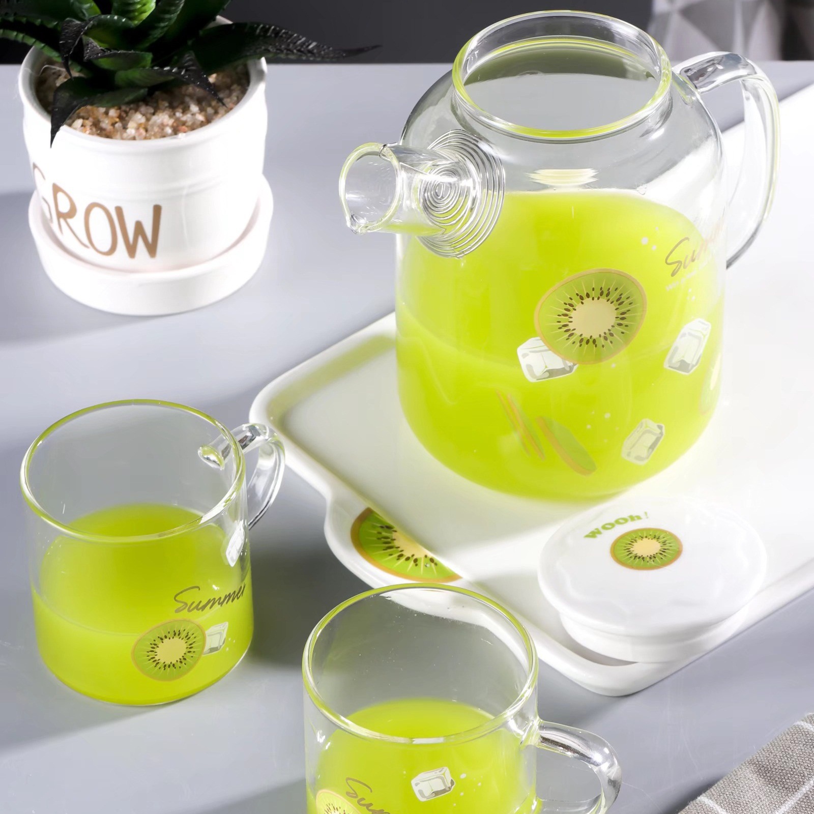 Creativa fruta de verano botella de agua fría traje de vidrio fresco borosilicato resistente al calor conjunto de agua con bandeja taza de agua regalo