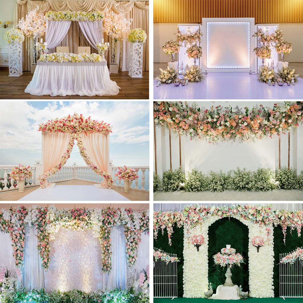 Beautiful wedding flower wall scene fore...