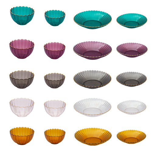 Sea crystal jade Nordic style transparent lace glass bowl gold rim colorful fruit dessert salad bowls and plates tableware set