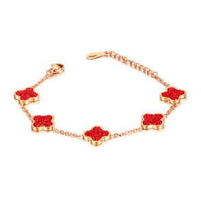 韩版创意新款女士四叶草手链18k玫瑰金饰品 五个四叶花红钻手链