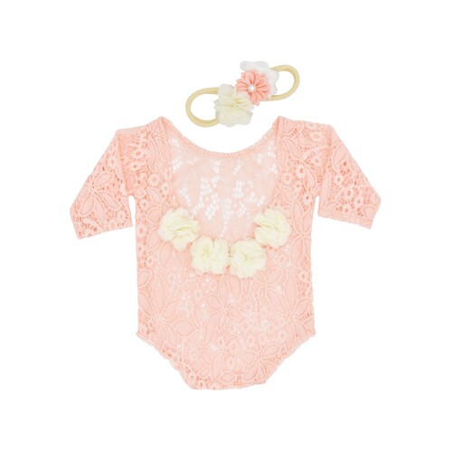 Newborn photography set including chiffon floral lace dress and pearl headband, two-piece set
