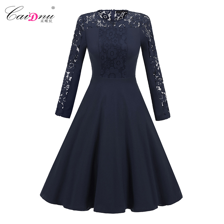 2021年春夏新品跨境亚马逊欧美女装圆领蕾丝拼贡缎长袖爆款连衣裙