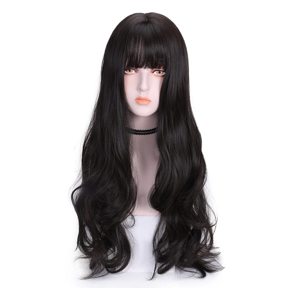 Perruque synthétique bouclée à la mode pour Jeune fille aux cheveux longs et petite frange ondulée_voghion.com