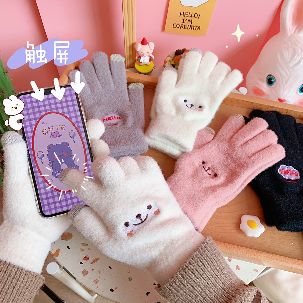 ins冬季骑单车防寒保暖毛绒手套可爱学生日系少女心五指触屏手套|ms