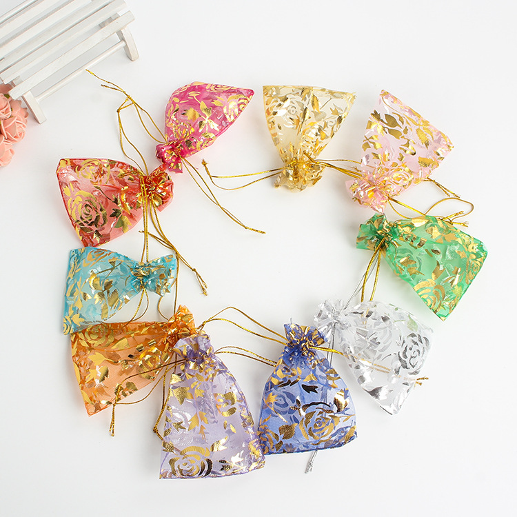 烫金玫瑰花纱袋熏衣草网纱现货糖果喜糖袋首饰袋束口小礼品袋