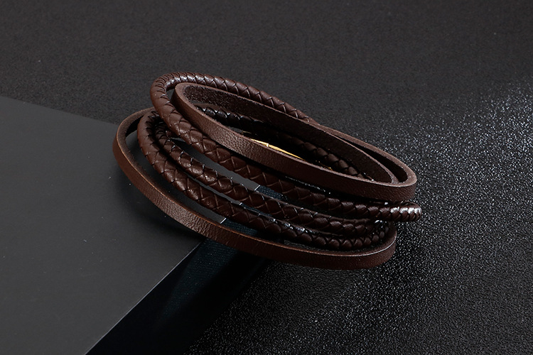 PVD Coated Gold Plating Process 18K Real Gold Plated Plating Material Hip-Hop Retro Geometric Stainless Steel Leather Braid Men's Wristband Men Cord & Leather Bracelets