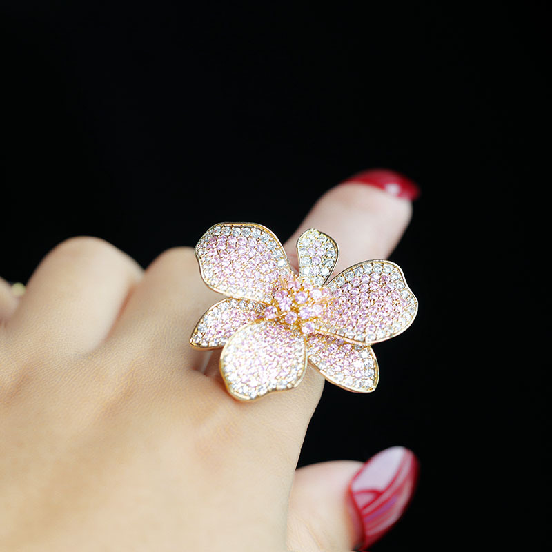 欧美新品戒指夸张个性时尚立体花朵满钻锆石戒子指环潮人手饰品女