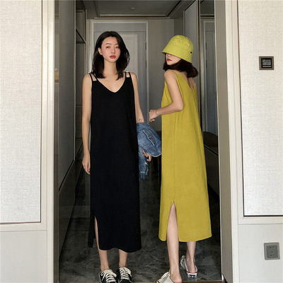赫本曼尼2020夏季新款韩版百搭宽松慵懒女连衣裙针织吊带背心裙批|ms