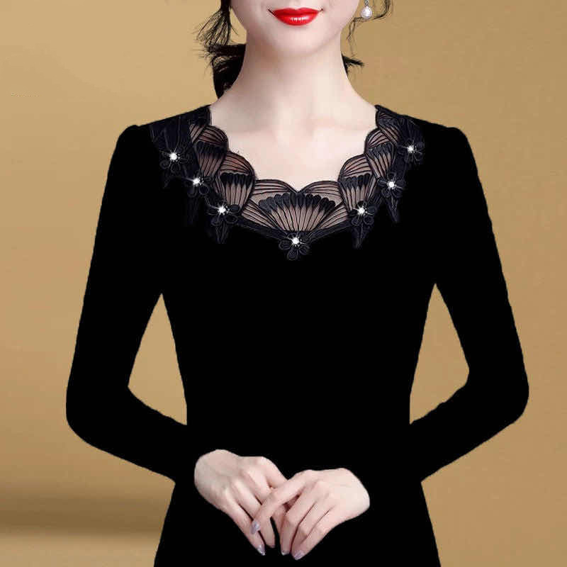 蕾丝打底衫时尚洋气黑色小衫女2020秋季新款女装百搭加绒保暖上衣