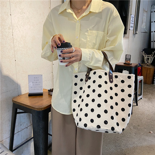 0542 ins French retro polka dot canvas bag lunch box portable bucket bag for women