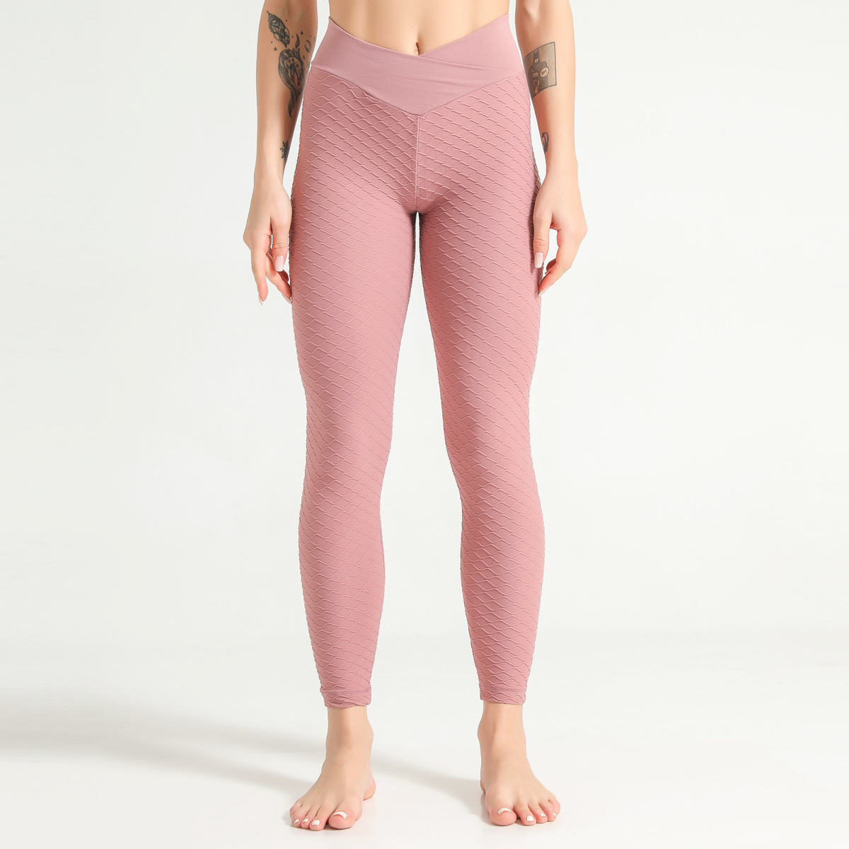 Pantalones de yoga de jacquard de punto sin costuras ajustados y elásticos para levantamiento de cadera de cintura alta NSLX12866