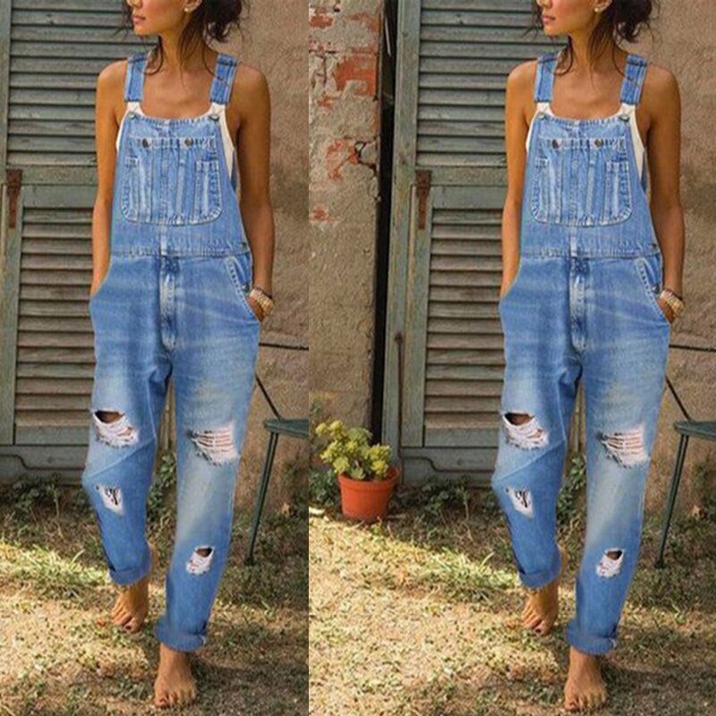 Vente Chaude Modèles Simples Salopette En Jean Lavé Et Usé Dames Denim Bretelles Décontractées Pantalon En Gros Nihaojewelry display picture 2