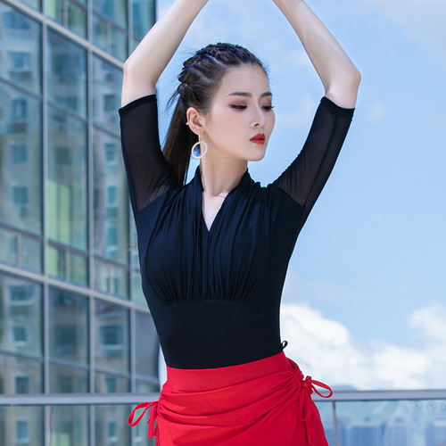 Latin dance practice clothing, modern dance clothing, half-sleeved female adult practice jumpsuit, pleated top []
