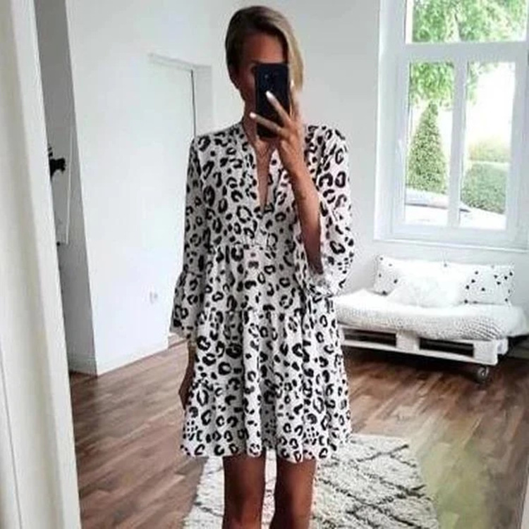 Rochie lungă boho cu imprimeu leopard pentru femei primăvară_voghion.com