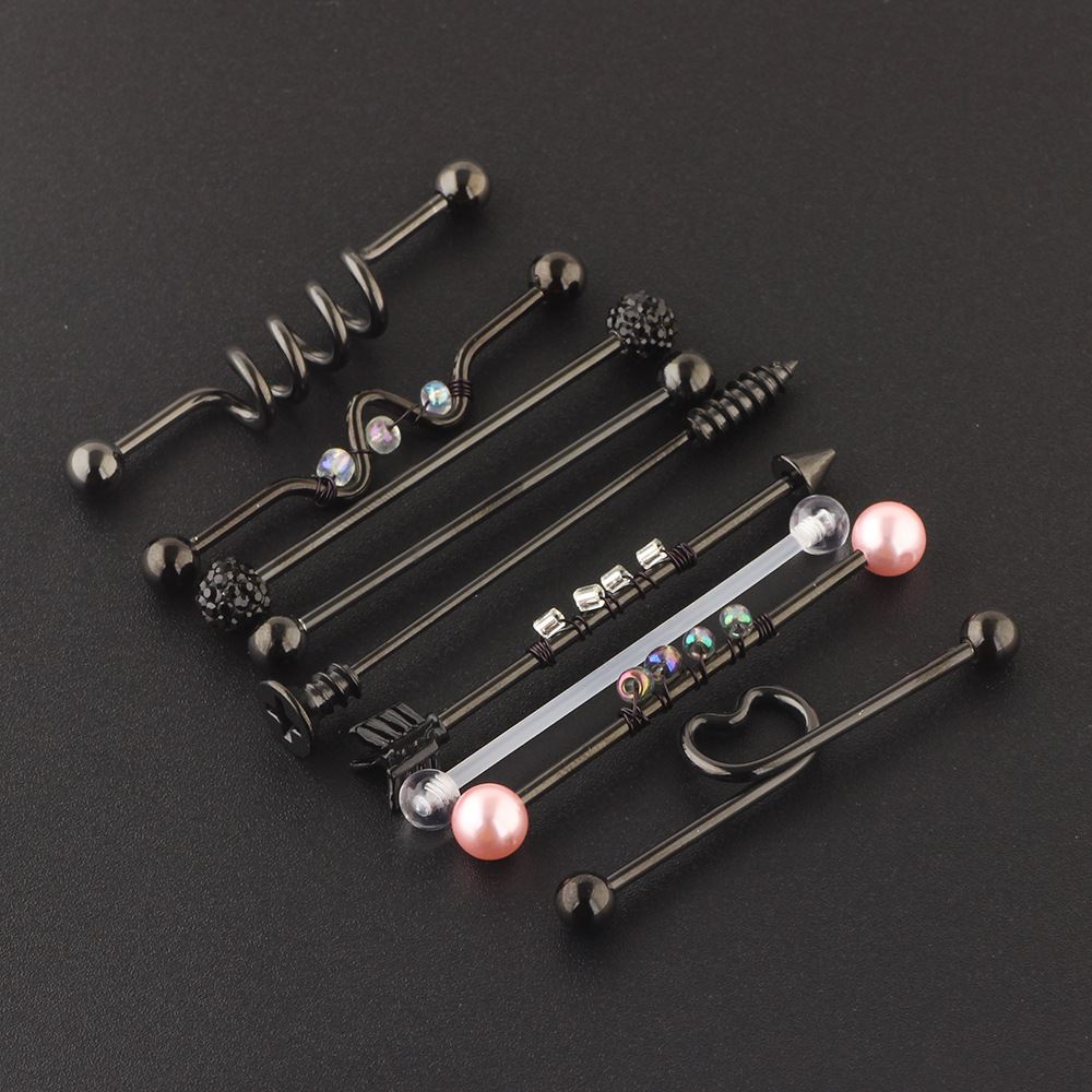 9-Piece Industrial Ear Piercing Set Stainless Steel Ear Studs and Long Rod Jewelry detail image 7