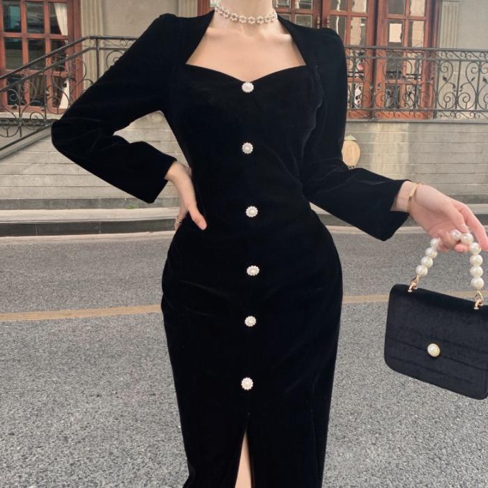 法式v领黑色丝绒连衣裙女冬季新款气质修身百搭赫本风洋气中长裙