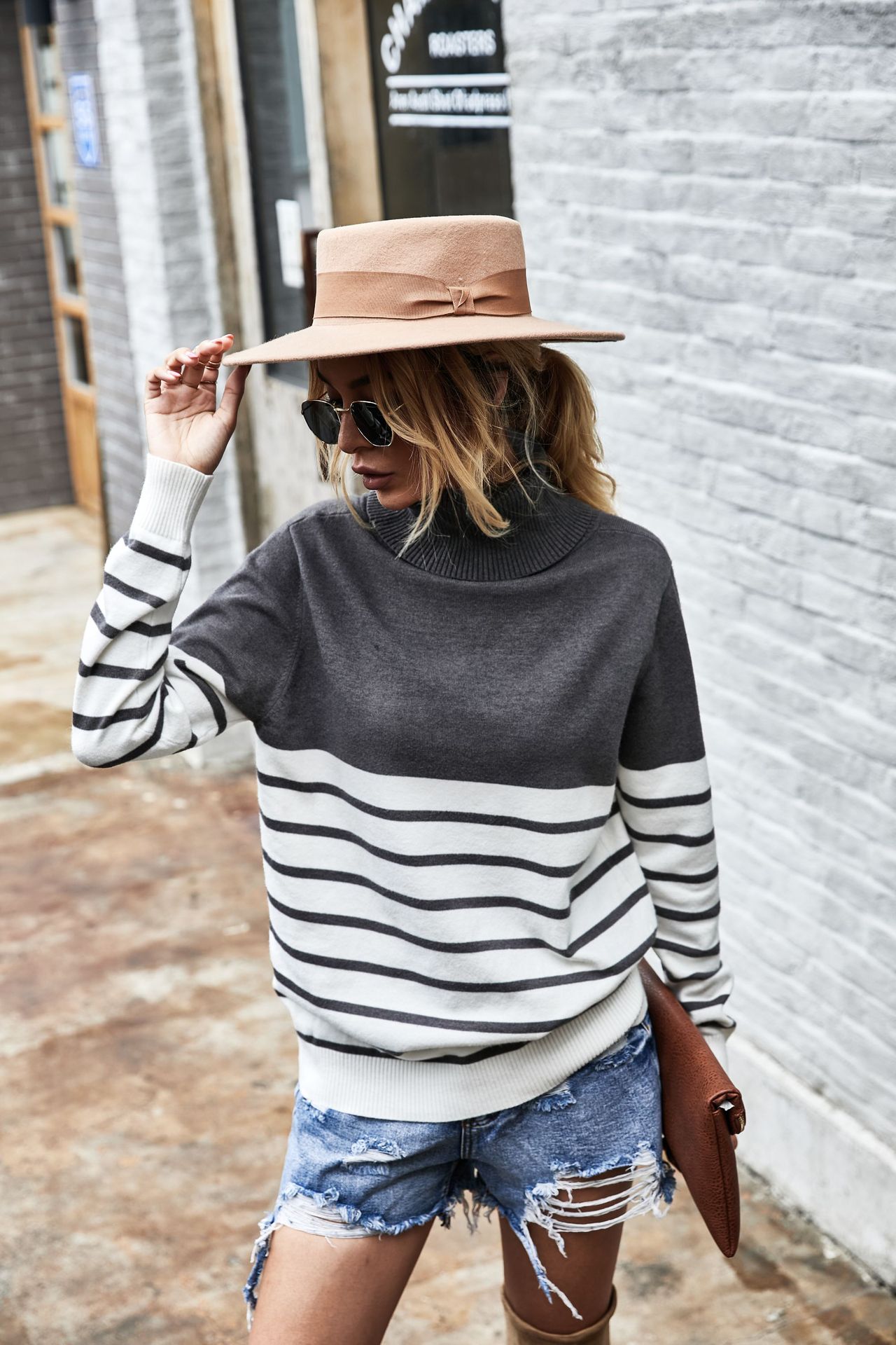 autumn and winter high-neck striped sweater blouse NSDY7671