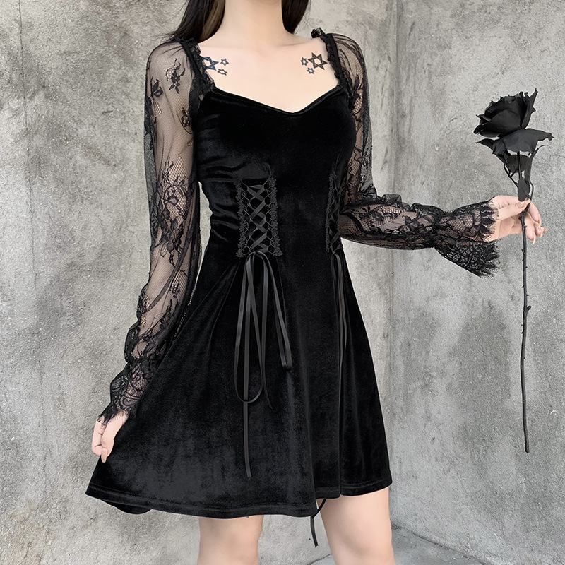 Dark Style Square Neck Lace Stitching Long-Sleeved Lace-Up Dress NSGYB99115