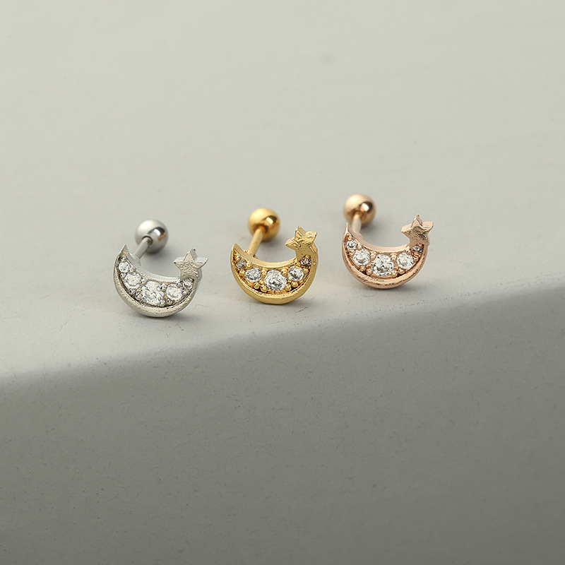 Fashion Moon Copper Ear Studs Inlay Zircon Copper Earrings 1 Piece