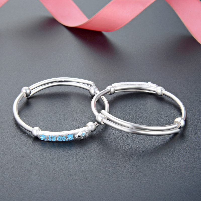 S999 plata pura simple gota de aceite suerte niños pulsera de plata bebé Luna Llena push pull anillo pulsera