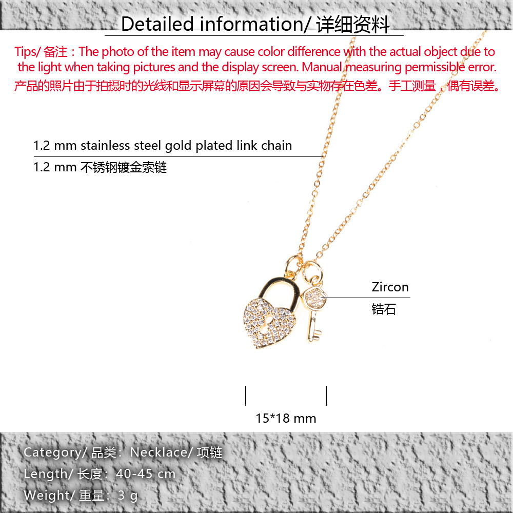 New Fashion Micro Diamond Love Lock Pendant Necklace Love Lock Key Clavicle Chain display picture 1