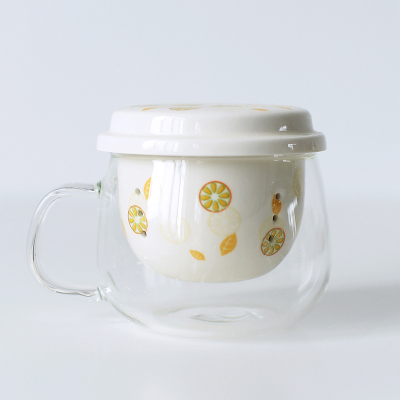 Taza de té original Taza transparente Taza de vidrio resistente a altas temperaturas Taza de té de separación de agua Taza de oficina Taza de cerámica con tapa