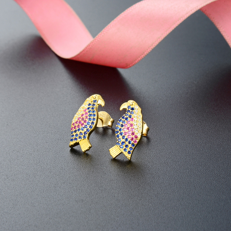 Chapado en oro a todo color diamante s925 pendientes de plata dulce fresco Mori ins pendientes fuente fábrica al por mayor