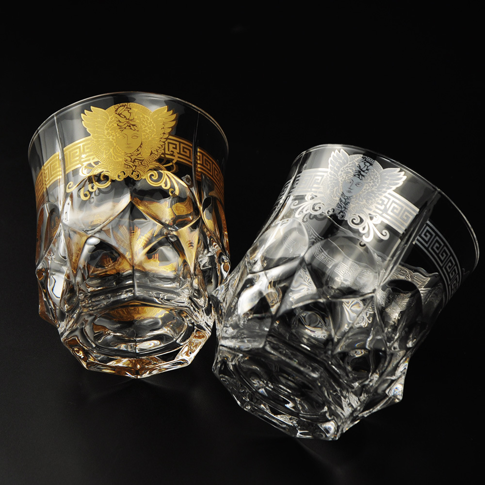 捷克水晶玻璃不规则厚底威士忌杯磨砂电镀洋酒杯出口 描金复古杯