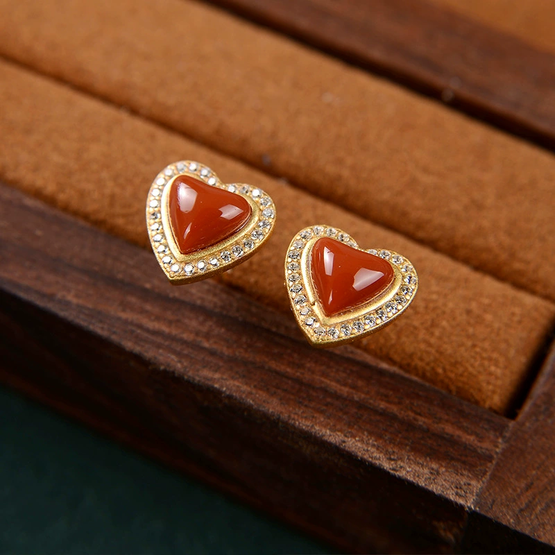 Ювелирное серебро Agate ретро классические маленькие серьги в форме сердца, образец 925 пробы