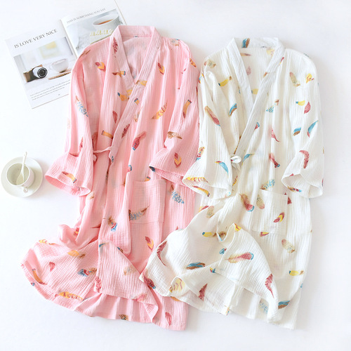 New Women's Summer Pure Cotton Hanfu Robe ⑨ Split Sleeve Japanese Double Layer Crepe Bath Robe 100% Cotton Sauna Pajamas